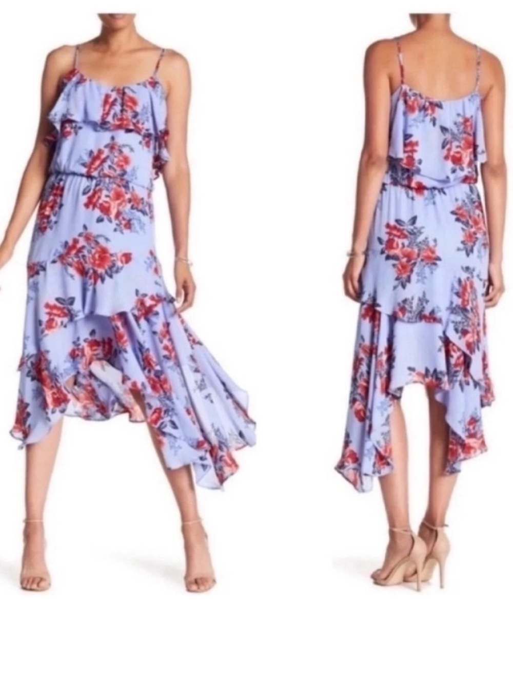 Parker Floral Ruffle Asymmetrical Midi Dress